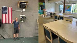 on the left, image of AOK staff standing and smiling and on the right, image of an empty classroom