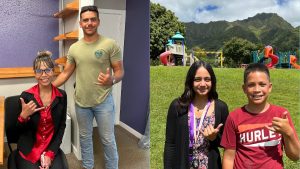 Side by side images of AOK learners and facilitators, smiling at the camera