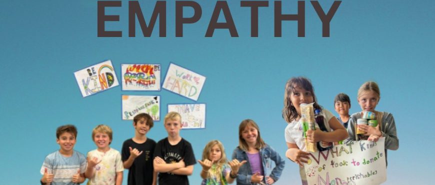 cut out images of 9 AOK learners with the word "empathy" in the background