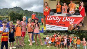 3 image collage of many AOK learners dressed in orange clothing for Unity Day