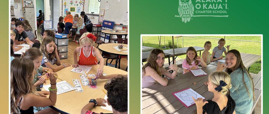 2 images of AOK students sitting a tables. on the left, students are sitting outside and on the right, students are sitting inside.