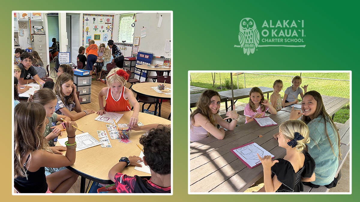 2 images of AOK students sitting a tables. on the left, students are sitting outside and on the right, students are sitting inside.