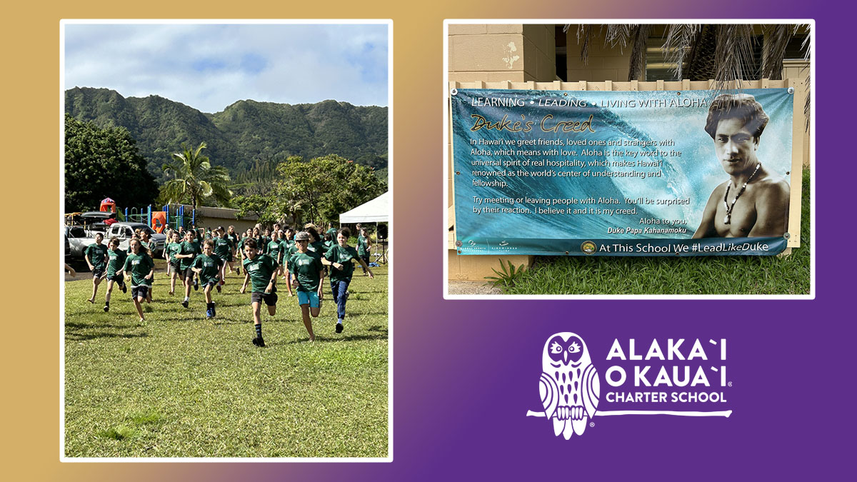 Left image of AOK students running in a field and right image of a poster with a man on it. image on purple background.