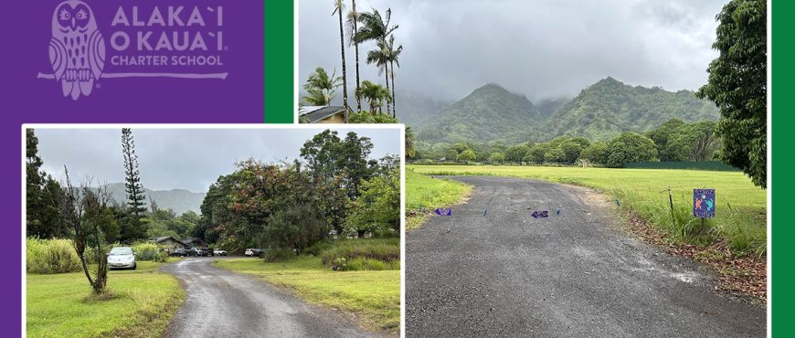 2 images of AOK campus with green trees in both and view of the mountains in the right image.