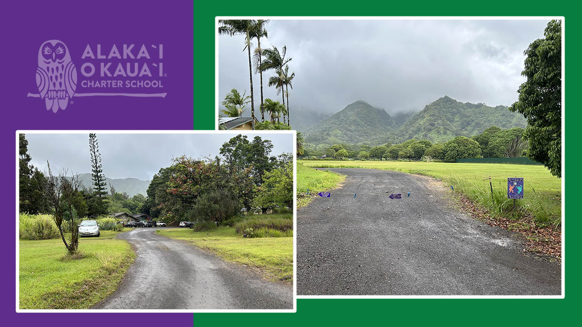 2 images of AOK campus with green trees in both and view of the mountains in the right image.