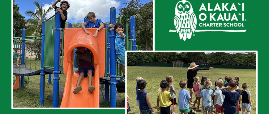 2 images of AOK campus side by side. left image 3 learners playing on slide, right image, group of learners and teacher outside together. AOK logo in white font in upper right corner.