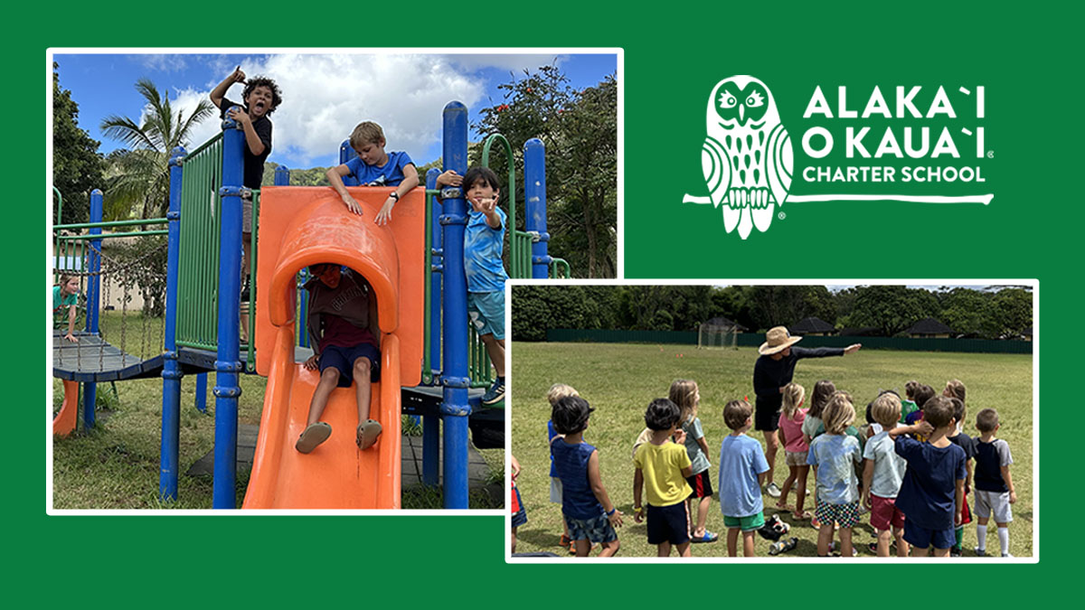 2 images of AOK campus side by side. left image 3 learners playing on slide, right image, group of learners and teacher outside together. AOK logo in white font in upper right corner.