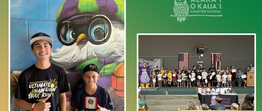 image of 2 AOK learners on the left, smiling in front of a painted mural. On the right, a picture of a large group of learners stage as assembly.