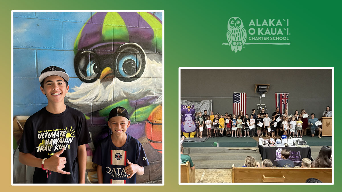 image of 2 AOK learners on the left, smiling in front of a painted mural. On the right, a picture of a large group of learners stage as assembly.