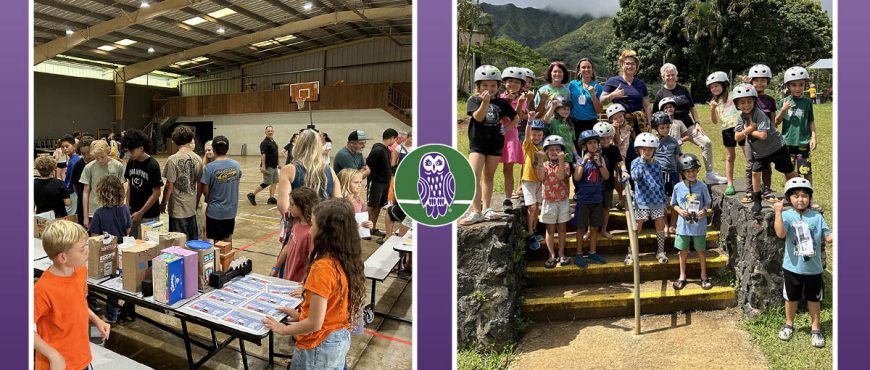 2 images of AOK community. left image families attend event in gym with learners. Right, learners and staff outside with mountains as a backdrop.