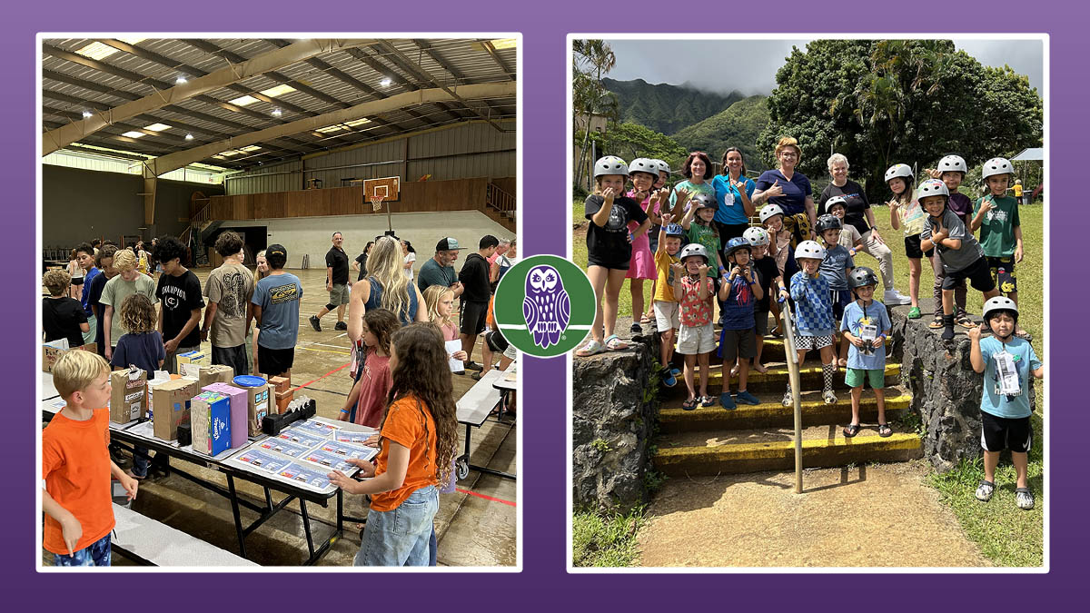 2 images of AOK community. left image families attend event in gym with learners. Right, learners and staff outside with mountains as a backdrop.