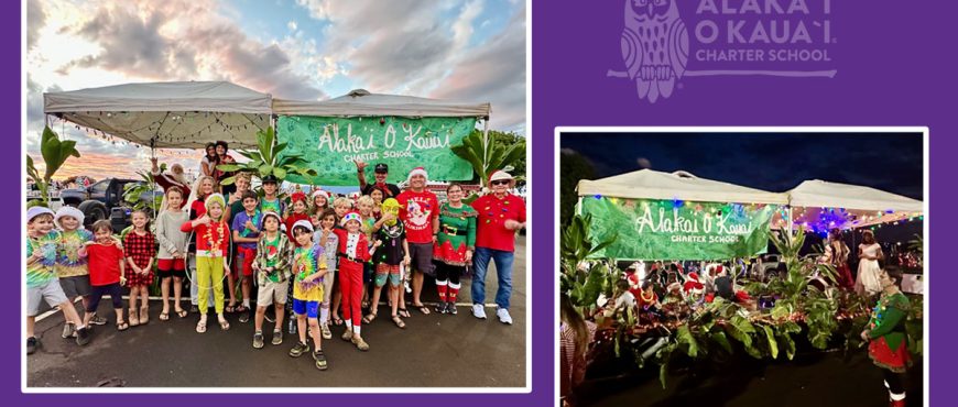 2 side-by-side images of AOK community standing outside in during the winter holiday for annual "lights on rice" event