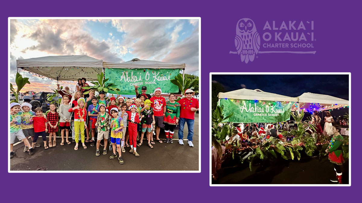 2 side-by-side images of AOK community standing outside in during the winter holiday for annual "lights on rice" event