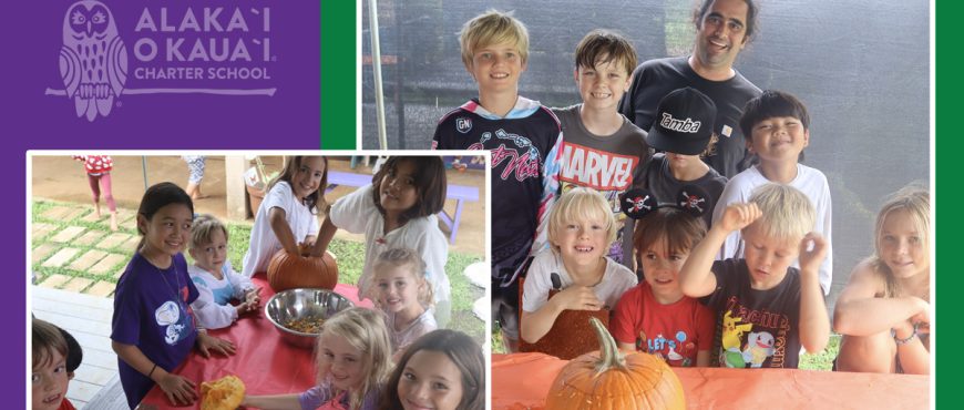 2 side-by-side images of AOK learners working on project based learning activity with pumpkins