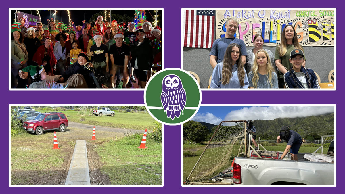 4 images. top 2 of learners and families at school events. bottom 2 of construction on campus.