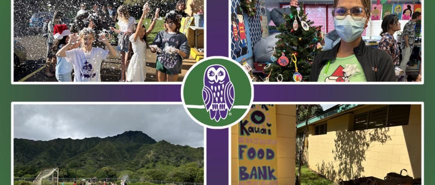 4 images, learners playing outside, 1 facilitator in front of a tree and one image of AOK's food bank