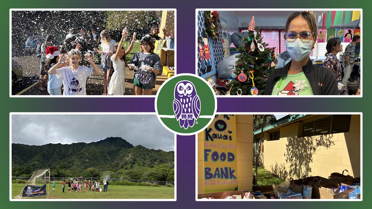 4 images, learners playing outside, 1 facilitator in front of a tree and one image of AOK's food bank