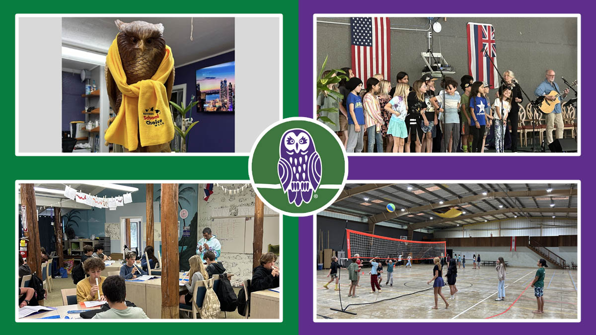 4 images, 3 images of AOK learners at various school events. 1 image of the AOK mascot, a carved wooden owl.