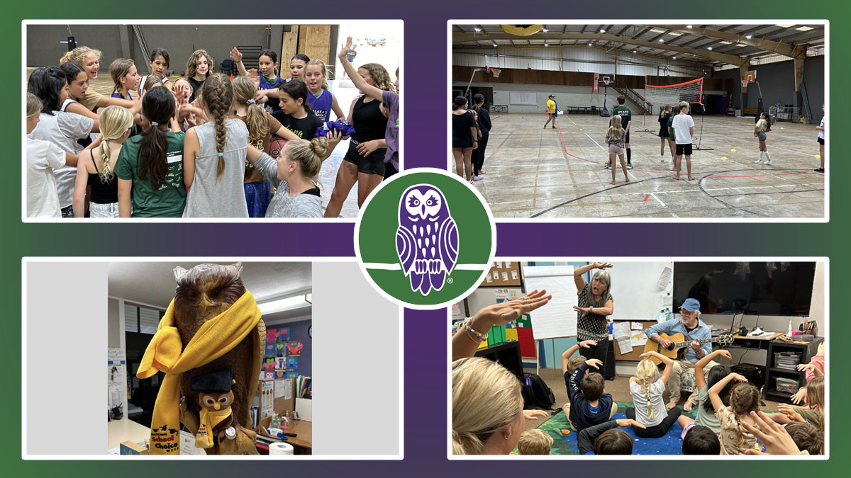 4 images, 3 images of AOK learners at various School Choice Week events. 1 image of the AOK mascot, a carved wooden owl.